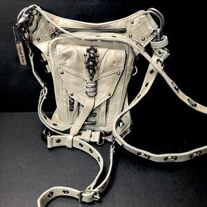 Jungle Tribe Belt Bag Gray Leather Studded Utility Crossbody Handbag Fanny Pack